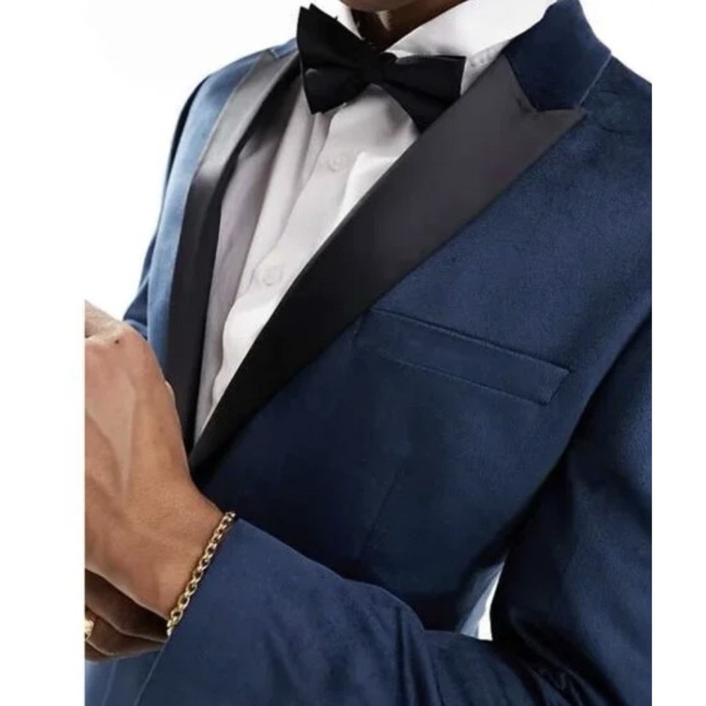 ASOS BLUE VELVET VELOUR SMOKING TUXEDO Jacket BLAZER Suit‎ Chest 38"